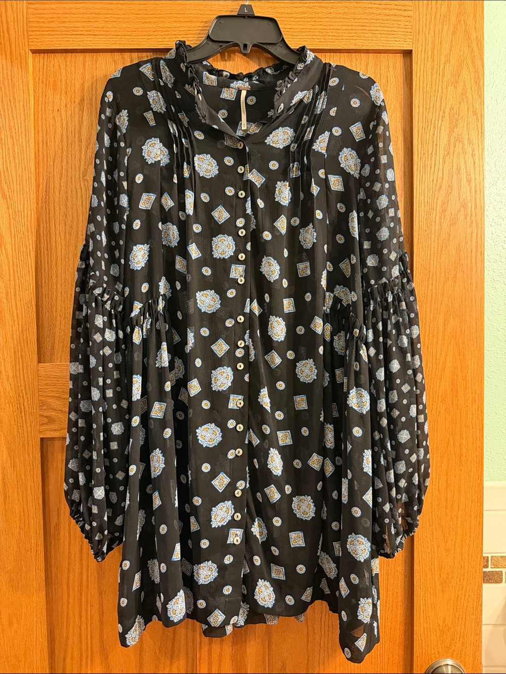 Free People Navy Printed Button-Front Long Sleeve Dress/Tunic
